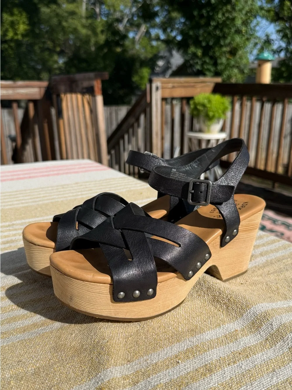 Kork-Ease Black Leather Platform Clogs with Buckle Strap